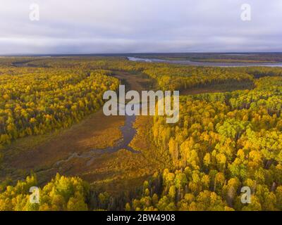 Alaska Route 3 aka George Parks Highway und Alaska Landschaft Luftaufnahme im Herbst mit dem Morgenlicht, im Süden des Denali State Park, USA. Stockfoto