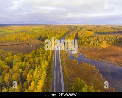 Alaska Route 3 aka George Parks Highway und Alaska Landschaft Luftaufnahme im Herbst mit dem Morgenlicht, im Süden des Denali State Park, USA. Stockfoto