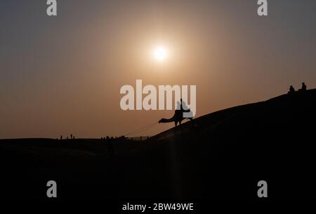 Reise Hintergrund, indische Kameltreiber Beduinen mit Kamelsilhouetten in Sanddünen der Thar Wüste bei Sonnenuntergang in Jaisalmer Stockfoto