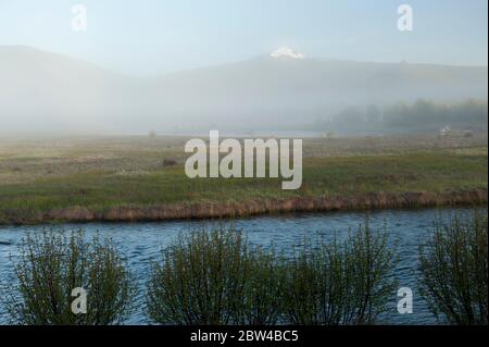 Nebel steigt aus Odell Creek auf, um die Aussicht vom Davis Lake in Oregon bei Sonnenaufgang zu verzaubern Stockfoto