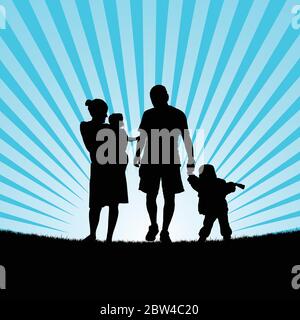 Familie hapy mit Kindern zu Fuß in der Natur Silhouette Farbe Illustration Stock Vektor