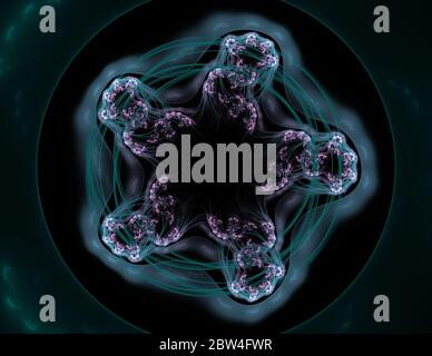 Blaue abstrakte fraktale Blume rund und Linien auf schwarz Stockfoto