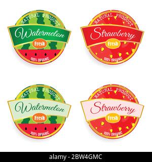Etikett von Obst Wassermelone und Erdbeere Illustration Kunst in bunten Stock Vektor