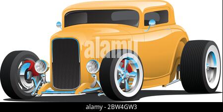 Classic American 32 Yellow Hotrod Car, gehacktes Dach, weiße Reifen, Chromfelgen, isolierte Vektorgrafik Stock Vektor