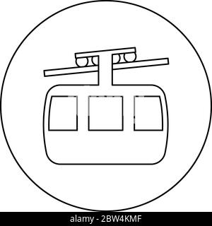 Seilbahn Luftseilbahn Seilbahn Skilift Bergresort Lufttransport Tourismus Seilbahn Reise Kabine Symbol im Kreis runden Umriss schwarz Farbe Stock Vektor