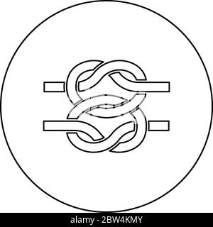 Zwei nautische Knoten Seile Draht mit Schleife Twisted Marine Kordel Symbol im Kreis runden Umriss schwarz Farbe Vektor Illustration flach Stil einfaches Bild Stock Vektor