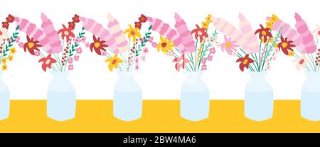 Nahtlose Vektor-Rahmen Blumen in Vase. Sich wiederholende Muster Vasen mit Frühling und Sommer Blumen. Verwenden Sie für Stoffbesatz, Bänder, Klebeband, Kartendekor Stock Vektor