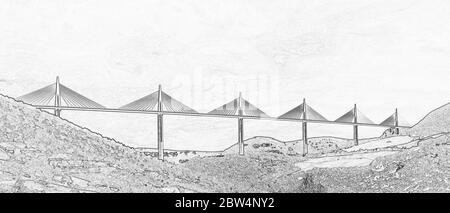 Viadukt Millau, der die Causses de Sauveterre und die Causses du Larzac oberhalb des Tarn-Flusses verbindet. Aveyron, Frankreich Stockfoto