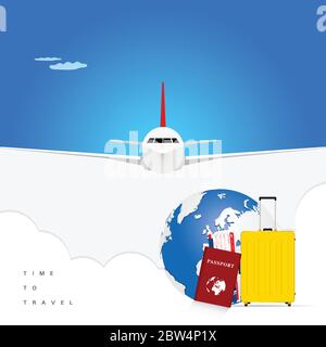 Flugzeug mit Reisepass und Ticket für Hintergrundbillustration Stock Vektor