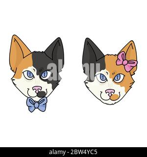 Nette Karikatur japanische Bobtail junge und Mädchen Katze Gesicht Vektor Clipart. Ahnenkätzchen Rasse für Katzenliebhaber. Reinrassige calico Kätzchen Geschlecht für Tierstube Stock Vektor