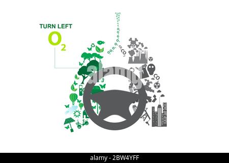 Grüne Stadt Gegensätze mit Eco Lunge Konzept Elemente.Umwelt Ökologie Natur Element.Kreative Grafik Lenkrad Auto Antrieb Steuerung links Sauerstoff d Stock Vektor