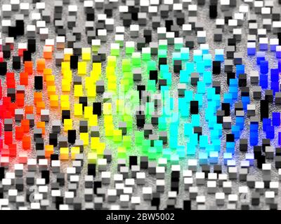 Nahaufnahme einer Gruppe von regenbogenfarbenen kleinen Metallwürfeln mit Tiefenschärfe Stockfoto