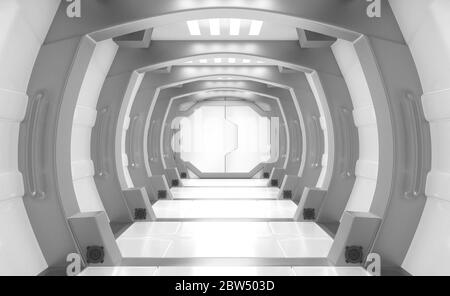3D Rendering Elemente dieses Bildes eingerichtet, Raumschiff weiß und grau Innenraum mit Blick, Tunnel, Korridor Stockfoto