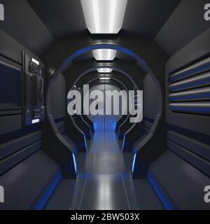 3D Rendering Elemente dieses Bildes eingerichtet, Raumschiff schwarzen Innenraum mit Blick, Tunnel, Korridor, blaues Licht Stockfoto