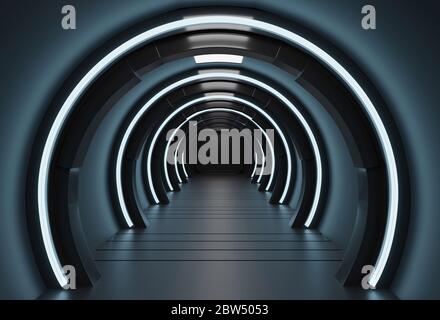 3D Rendering futuristische Elemente dieses Bildes eingerichtet, Raumschiff dunklen Innenraum mit Blick, Tunnel, Korridor Stockfoto