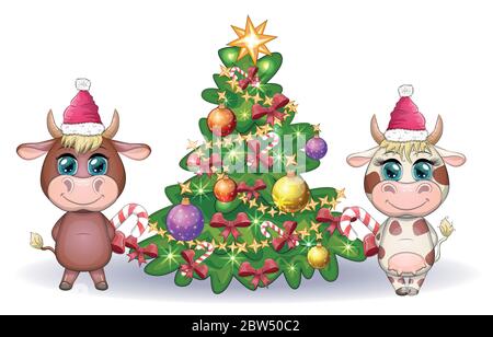 Frohe Weihnachten und ein gutes neues Jahr. Lustige Kuh in rotem Hut mit Geschenk im Cartoon-Stil. Grußkarte. Stock Vektor