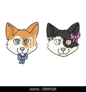 Nette Karikatur japanische Bobtail junge und Mädchen Kitten Gesicht Vektor Clipart. Ahnenkätzchen Rasse für Katzenliebhaber. Reinrassige calico Katze Geschlecht für Tierstudio Stock Vektor