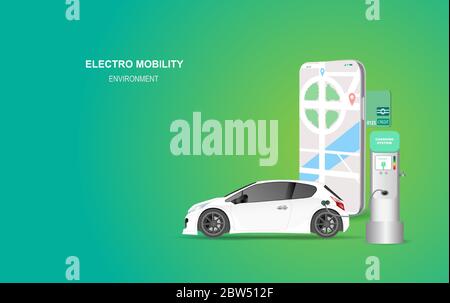 Abbildung Smartphone Banner mit Ladestation für Elektroautos. Elektro-Mobilität Umwelt für Karte Standort Netzwerk Konzept.Green Clean Energy tr Stock Vektor