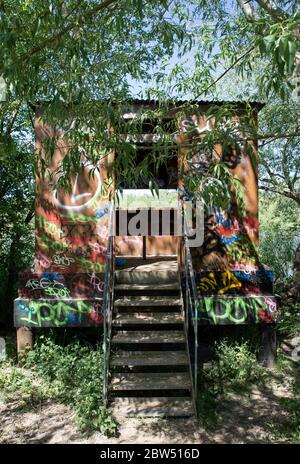 Vogelbeobachtung versteckt in Graffiti, Brent Reservoir, auch bekannt als Welsh Harp Reservoir, London, Großbritannien Stockfoto