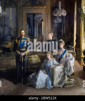 George V. 'The Royal Family at Buckingham Palace' von Sir John Lavery, Öl auf Leinwand, 1913. Porträt von König Georg V. mit seiner Familie. Stockfoto