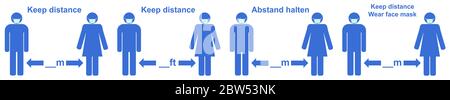 Halten Sie das Distanzschild. Um die Ausbreitung von Covid-19 / Coronavirus zu stoppen. Männliche und weibliche Figuren tragen Gesichtsmasken. Pfeile mit Abstand in Metern und Fuß, Stockfoto