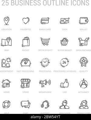 Symbolsatz für die Darstellung der Geschäftsvorteile. Kollektion von 25 hochwertigen Outline Web Piktogrammen im modernen Stil auf weißem Hintergrund Stock Vektor