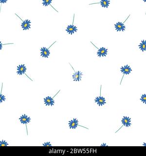 Blaue Gänseblümchen Blumen auf weißem Hintergrund nahtlose Vektor-Muster. Blaue Sommerblüten. Verwenden Sie für Stoff, Sommer Dekor, Tapete, Verpackung Stock Vektor