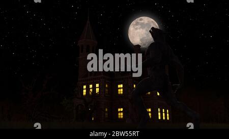 Illustration eines Werwolf während des Vollmondes in der Nähe eines Hauses im gruseligen Wald - 3d-Rendering Stockfoto