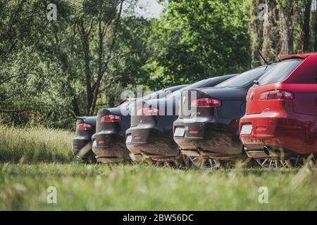 Mehrere Alfa Romeo 156 und 159 Reihen sich an, in der Natur geparkt. Hinten von Autos perfekt aufgereiht, ein rotes Auto und mehrere schwarze Stockfoto