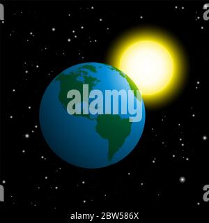 Planet Erde und Sonne im Weltraum - Illustration auf Sternennacht schwarzem Hintergrund. Stockfoto