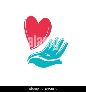 Logo „Heart in Hand“. Symbol für Gesundheit, Wohltätigkeitsorganisation oder Symbolvektordarstellung Stock Vektor