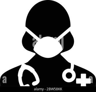 Krankenschwester Symbol Vektor mit chirurgischen Gesichtsmaske weibliche Person Profil Avatar-Symbol mit Stethoskop für die medizinische Beratung in Glyph Piktogramm Stock Vektor