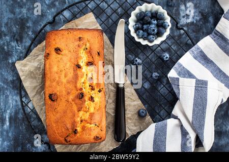 Köstliche hausgemachte Hüttenkäse und Rosinen Laib Kuchen auf blauem Hintergrund, Draufsicht Stockfoto