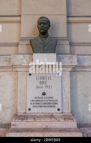 Budapest, Ungarn - 8. Feb 2020: Bronzebüste von Imre Ujhelyi auf einer Steinmauer nahe dem Kossuth Platz Stockfoto