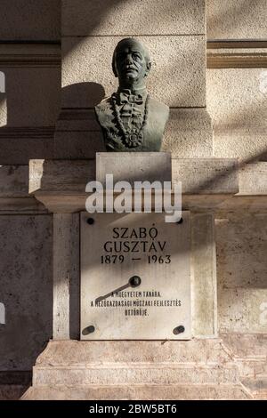 Budapest, Ungarn - 8. Feb 2020: Bronzebüste von Gusztav Szabo auf der Linensteinmauer in der Nähe des Kossuth Platzes Stockfoto