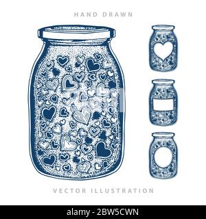 Glas. Handgezeichnete Gläser mit Herzen und Etiketten. Glasgefäße Skizzenzeichnung Vektorgrafiken gesetzt. Liebe und romantische Emotionen Konzept Metapher. Stock Vektor