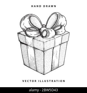 Geschenkbox. Handgezeichnete Geschenkbox mit Band. Vintage Stil Geschenk Box Skizze Zeichnung. Stock Vektor