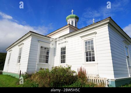 Russische orthodoxe Kirche, Unalaska Insel, Aleuten, Alaska, USA Stockfoto