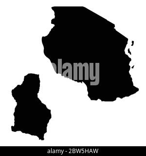 Vektorkarte Tansania und Dodoma. Land und Hauptstadt. Isolierte Vektorgrafik. Schwarz auf weißem Hintergrund. EPS 10-Abbildung. Stock Vektor
