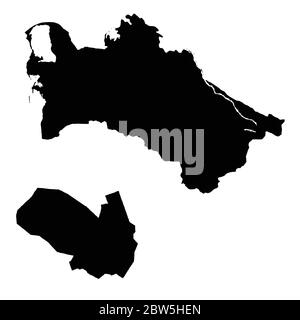 Vektorkarte Turkmenistan und Aschgabat. Land und Hauptstadt. Isolierte Vektorgrafik. Schwarz auf weißem Hintergrund. EPS 10-Abbildung. Stock Vektor