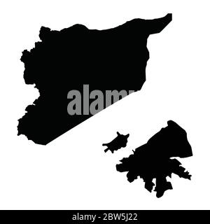 Vektorkarte Syrien und Damaskus. Land und Hauptstadt. Isolierte Vektorgrafik. Schwarz auf weißem Hintergrund. EPS 10-Abbildung. Stock Vektor