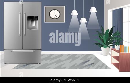 Mock-up-Illustration eines realistischen Kühlschranks in einem luxuriösen Zimmer mit Blick Stock Vektor