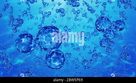 3d-Illustration Wassermoleküle und Blasen. H2o Stockfoto