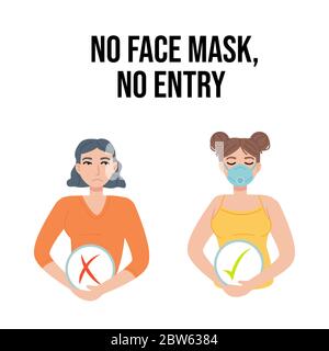 Keine Gesichtsmaske, kein Eintrag Banner Clipart. Mädchen mit Maske, Häkchen und Kreuz. Quarantäne covid-19, Gesundheit, Pandemie, Sicherheit, Store Zeichen Konzept. Kann sein Stock Vektor