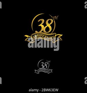 Anlässlich des 38. Jubiläums Logo, mit goldenen Ringen und Farbabstufungen isoliert auf schwarzem Hintergrund.EPS 10 Stock Vektor
