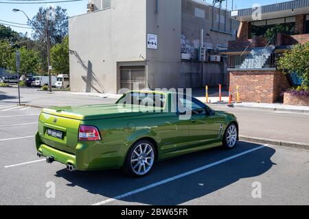 Holden Ute SS mit v8-Motor, in hellgrüner Farbe, geparkt in Sydney Australien Stockfoto