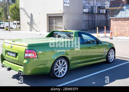 Holden Ute SS mit v8-Motor, in hellgrüner Farbe, geparkt in Sydney Australien Stockfoto