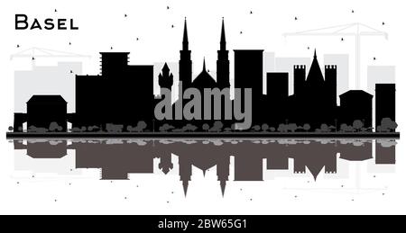 Basel Schweiz Stadt Skyline Silhouette mit schwarzen Gebäuden und Reflektionen isoliert auf Weiß. Vektorgrafik. Stock Vektor