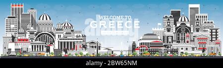 Willkommen in Griechenland City Skyline mit grauen Gebäuden und blauem Himmel. Vektorgrafik. Konzept mit historischer Architektur. Stock Vektor