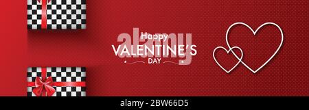 Valentinstag Deko-Design mit Geschenkbox und Herzform. Dekorieren Sie den roten horizontalen Hintergrund mit Punkten, kann für Wallpaper, invitat verwendet werden Stock Vektor